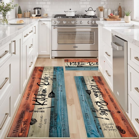 100% Non Slip 3 Piece Kitchen Rugs Set with Runner, Farmhouse Washable Kitchen Mats for Floor, Ultra Soft Kitchen Floor Mats Carpet Runner Rugs for Sink, Entryway, Laundry Room, Turquoise