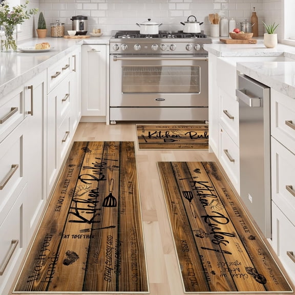 100% Non Slip 3 Piece Kitchen Rugs Set with Runner, Farmhouse Washable Kitchen Mats for Floor, Ultra Soft Kitchen Floor Mats Carpet Runner Rugs for Sink, Entryway, Laundry Room, Wooden Brown