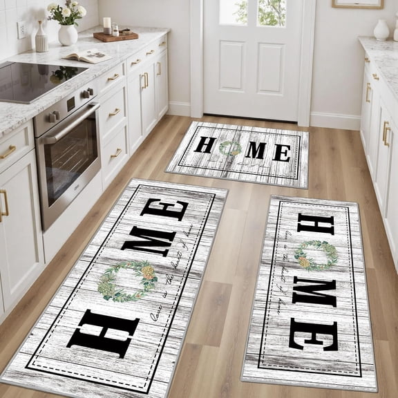 100% Non Slip Kitchen Rugs Sets of 3 Farmhouse Washable Kitchen Mats for Floor Non-Skid Kitchen Runner Rug Soft Rustic Kitchen Floor Carpet for Hallway, Laundry, Sink, Office, Grey