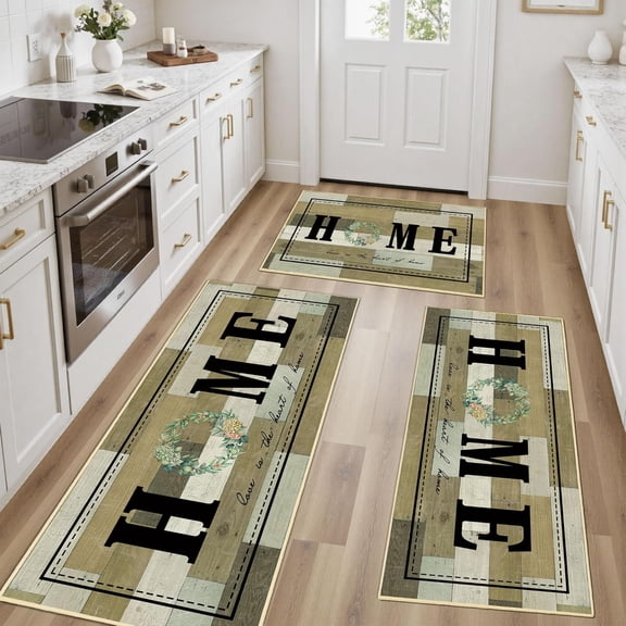 100% Non Slip Kitchen Rugs Sets of 3 Farmhouse Washable Kitchen Mats for Floor Non-Skid Kitchen Runner Rug Soft Rustic Kitchen Floor Carpet for Hallway, Laundry, Sink, Office, Khaki