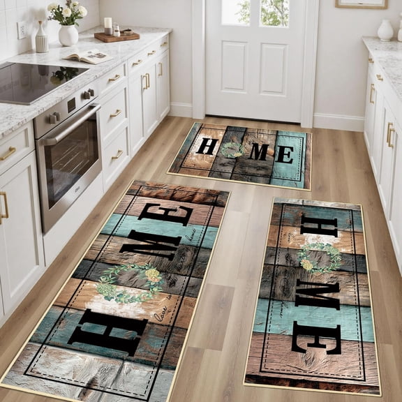 100% Non Slip Kitchen Rugs Sets of 3 Farmhouse Washable Kitchen Mats for Floor Non-Skid Kitchen Runner Rug Soft Rustic Kitchen Floor Carpet for Hallway, Laundry, Sink, Office, Rustic