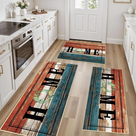 100% Non Slip Kitchen Rugs Sets of 3 Farmhouse Washable Kitchen Mats for Floor Non-Skid Kitchen Runner Rug Soft Rustic Kitchen Floor Carpet for Laundry, Sink, Office, Brick Blue