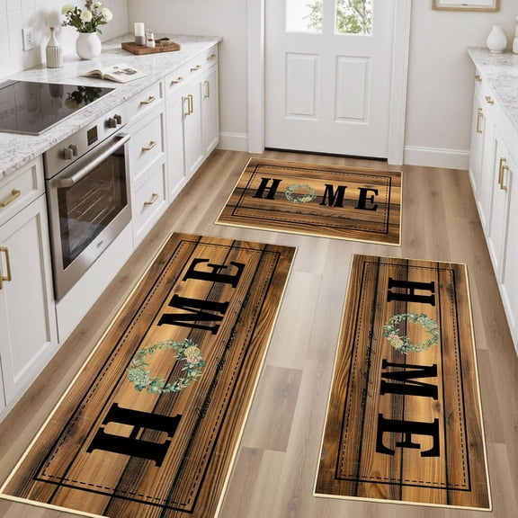 100% Non Slip Kitchen Rugs Sets of 3 Farmhouse Washable Kitchen Mats for Floor Non-Skid Kitchen Runner Rug Soft Rustic Kitchen Floor Carpet for Laundry, Sink, Office, Dark Brown