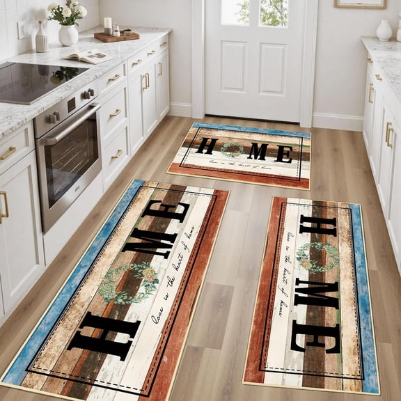 100% Non Slip Kitchen Rugs Sets of 3 Farmhouse Washable Kitchen Mats for Floor Non-Skid Kitchen Runner Rug Soft Rustic Kitchen Floor Carpet for Laundry, Sink, Office, Brown Brick