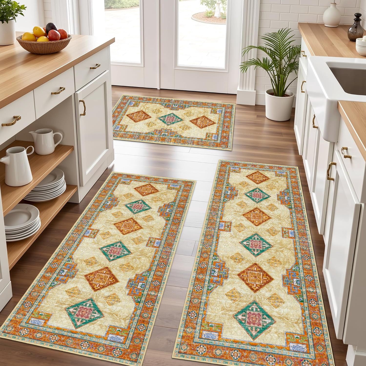 Farmouse Kitchen Rugs 100% Non Slip Kitchen Rugs Sets of 3 Washable Boho Kitchen Mats for ...