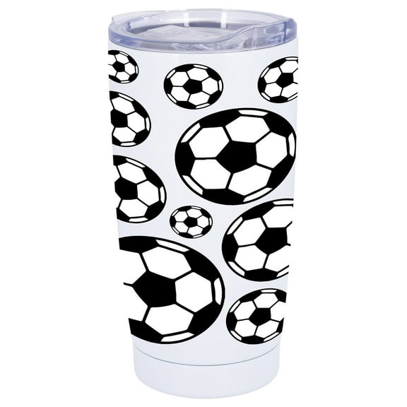100 North 20 Ounce Stainless Steel On the Go Travel Tumbler With Push Top Lid, Soccer Ball White
