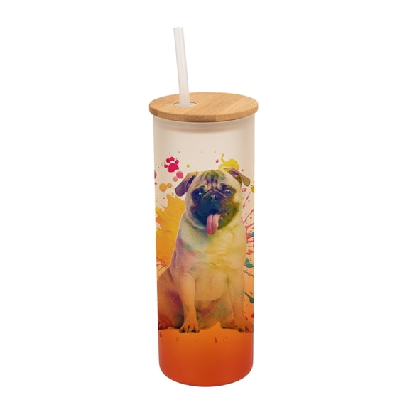 100 North 25 Ounce Frosted Glass Gradient Travel Tumbler With Straw & Wooden Lid, Pug Dog Paint Splatter Orange