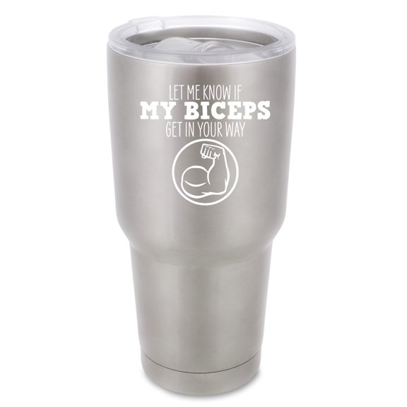 100 North 30 Ounce Stainless Steel On the Go Travel Tumbler With Push Top Lid, Biceps in Your Way Silver