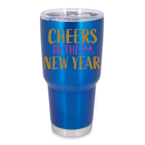100 North 30 Ounce Stainless Steel On the Go Travel Tumbler With Push Top Lid, Cheers to the New Year Blue