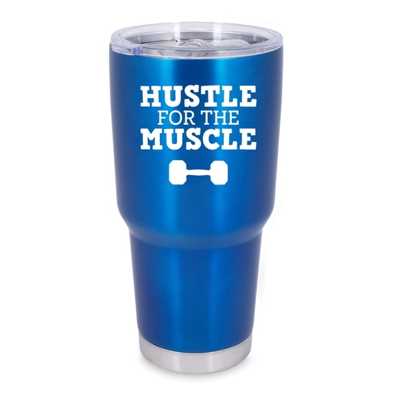 100 North 30 Ounce Stainless Steel On the Go Travel Tumbler With Push Top Lid, Hustle for the Muscle Blue