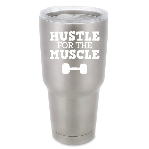 100 North 30 Ounce Stainless Steel On the Go Travel Tumbler With Push Top Lid, Hustle for the Muscle Silver