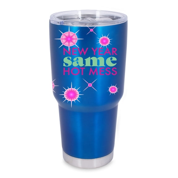 100 North 30 Ounce Stainless Steel On the Go Travel Tumbler With Push Top Lid, New Year Same Hot Mess Blue