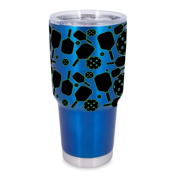 100 North 30 Ounce Stainless Steel On the Go Travel Tumbler With Push Top Lid, Pickleball Paddle Blue