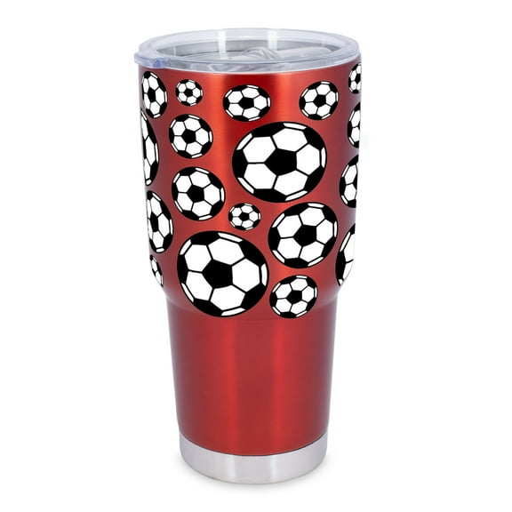 100 North 30 Ounce Stainless Steel On the Go Travel Tumbler With Push Top Lid, Soccer Ball Red