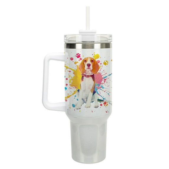 100 North 40 Ounce Stainless Steel Double Wall Insulated Glitter Travel Tumbler With Handle, Straw, and Lid, Beagle Hound Dog White