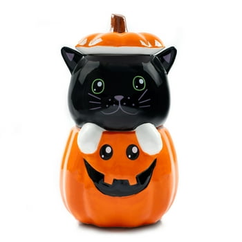 100 North Black Cat Pumpkin 11 x 6.3 Dolomite Ceramic Halloween Cookie Jar