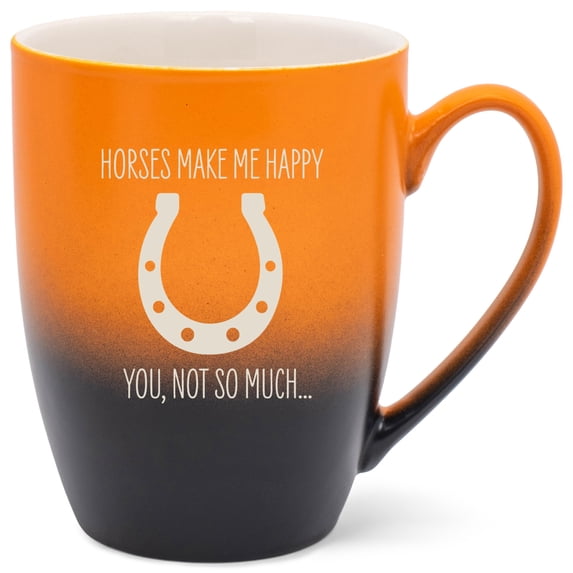 100 North Horseshoe Design 10 Ounce Orange and Black Two Toned Ombre, Comfortably Fits Your Hands, Ceramic Tea Coffee Cup Mug, Horses make me happy, You not so much