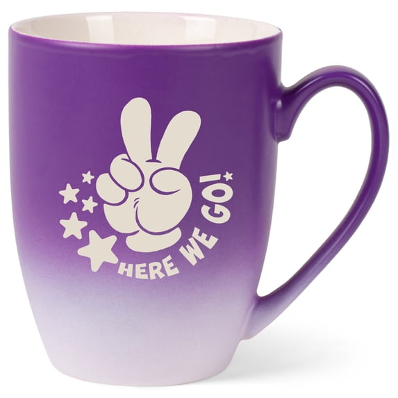 100 North Peace Sign 10 Ounce Purple and White Two Toned Ombre, Comfortably Fits Your Hands, Ceramic Tea Coffee Cup Mug, Here We Go!