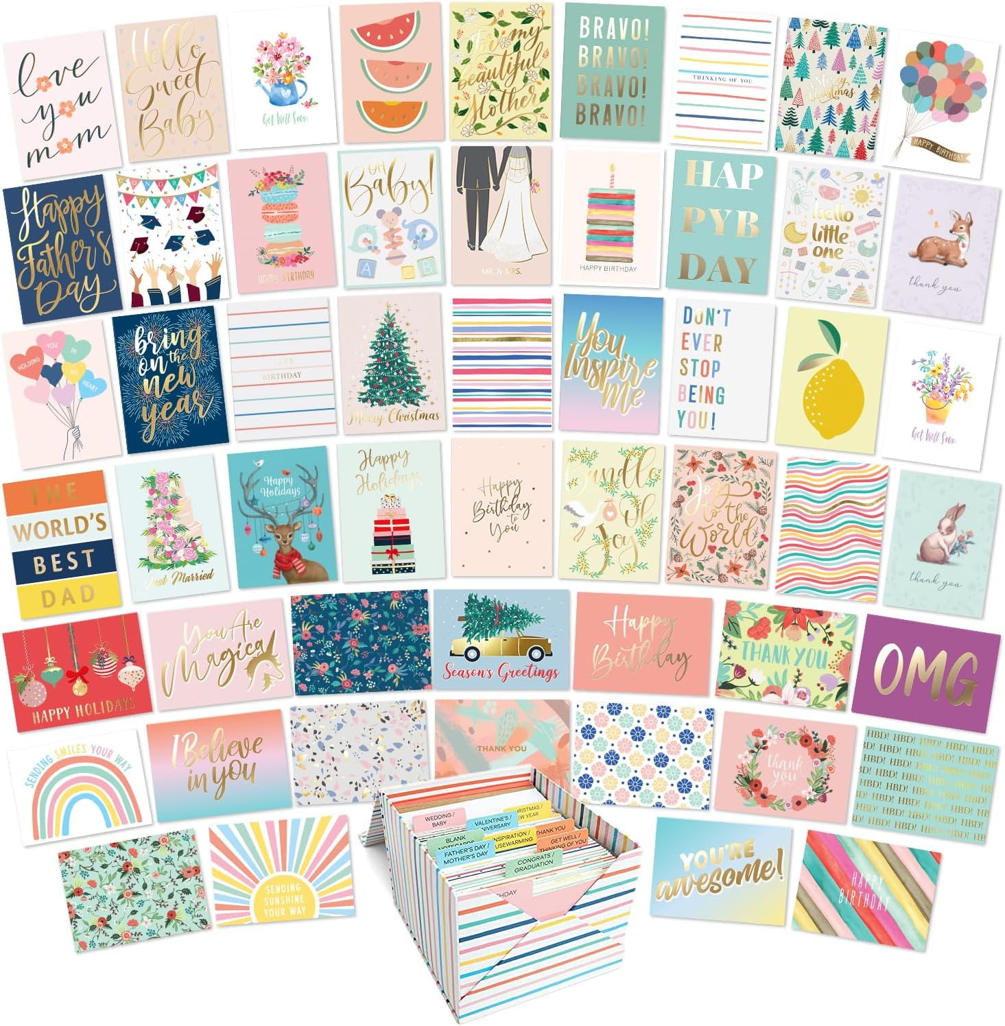 100 All Occasion Cards & Envelopes Set - Greeting Notecards Assortment ...