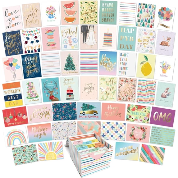 100 All Occasion Cards & Envelopes Set - Greeting Notecards Assortment Box - Birthday Cards Bulk for Office, Thank You, Holiday, Blank Notecards & more – Organizer Box Included