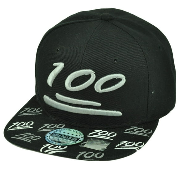 100 One Hundred Emoji Emoticons Symbol Flat Bill Hat Cap Snapback Black Text