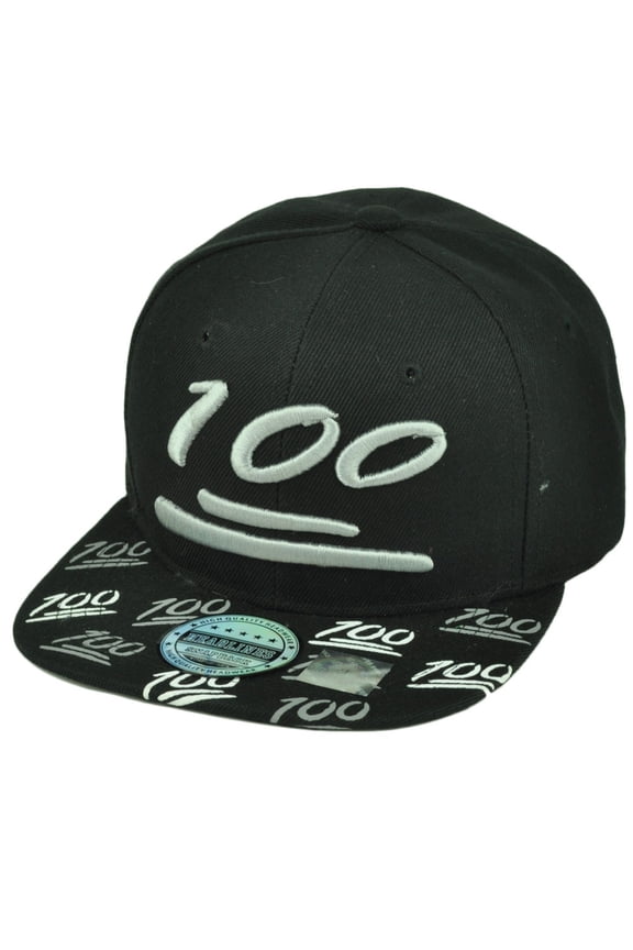 100 One Hundred Emoji Emoticons Symbol Flat Bill Hat Cap Snapback Black Text