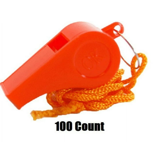 (100) Orange Whistles w/Lanyards Plastic Safety Emergency Loud