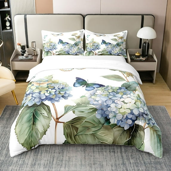 100% Organic Cotton Butterfly Full Duvet Cover Teens,Hydrangea Comforter Cover,Watercolour Ombre Flowers Bedding Set,Mountain Tropical Botanical Bed Set With Zipper Closure