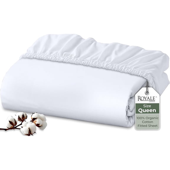 100% Organic Cotton Fitted Sheet - Percale Weave Super Soft Deep Pocket Bottom Sheets White Elastic Queen Size Only (60"x80"+15", White)