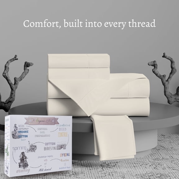 Purity Home 100% Organic Cotton Full Ivory Percale Bedsheet set, 300 Thread Count Breathable, Super Soft, & Cozy 4-Piece Set