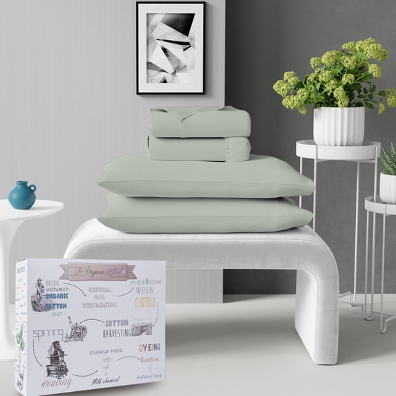 Bedsheet Set – Purity Home Organic Cotton Percale Full Sheet Set, 4-Piece Breathable, Cooling, Lightweight Bedding, Soft, Light Green