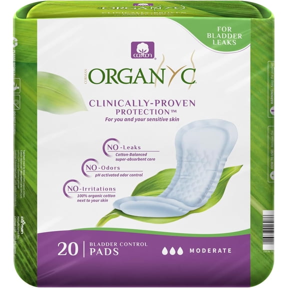 100% Organic Cotton Inside and Out Incontinence Pads for Bladder Leaks - Certified Odor Control, FSA/HSA Eligible, Moderate w, Regular Absorbency, 20 Count