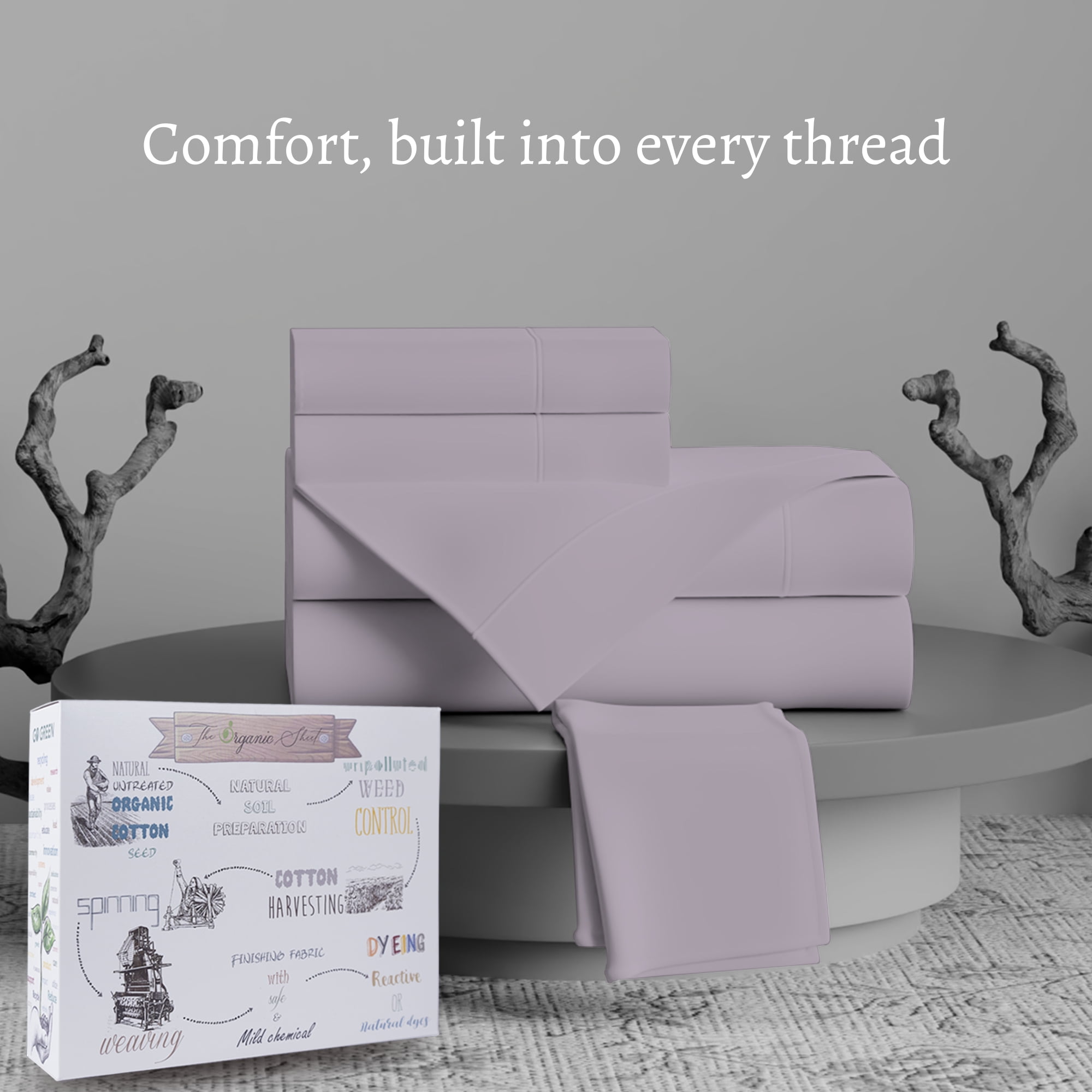 Purity Home 100% Organic Cotton Brushed Percale, Breathable, Super Soft, & Cozy 4-Piece Bedsheet Set, King, Lavender