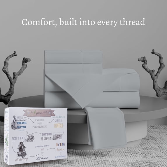 Purity Home 100% Organic Cotton King Light Gray Percale Bedsheet set, 300 Thread Count Breathable, Super Soft, & Cozy 4-Piece Set