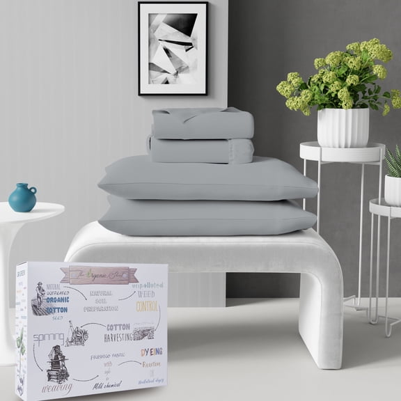 Bed sheet Set – Organic Cotton Percale King 4-Piece Set, Breathable, Lightweight, Soft & Cooling Bedding, Light Gray, By Purity Home