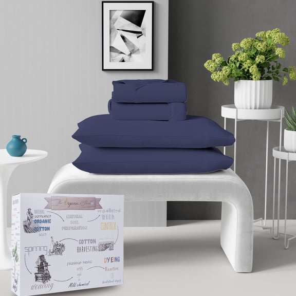 Bed sheet Set – Organic Cotton Percale King 4-Piece Set, Breathable, Lightweight, Soft & Cooling Bedding, Navy, By Purity Home