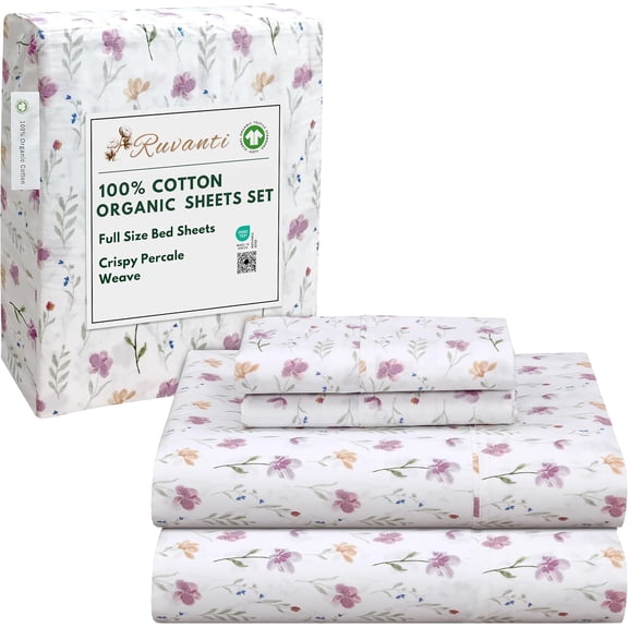100% Organic Cotton Percale Sheets Full Size Deep Pocket 15 Inch Crisp Cooling Breathable Hotel Style 4 Piece Set Peach Finish