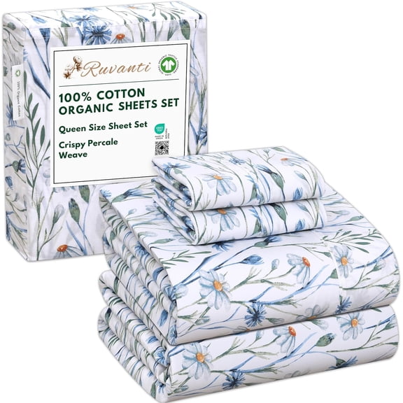 100% Organic Cotton Percale Sheets Queen Size Deep Pocket 15 Inch Crisp Cooling Breathable Soft Peach Finish 4 Piece Set Color Daisy Bud