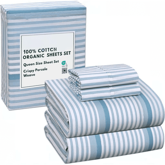 100% Organic Cotton Percale Sheets Queen Size Deep Pocket 15 Inch Crisp Cooling Breathable Soft Peach Finish Nautical Stripes