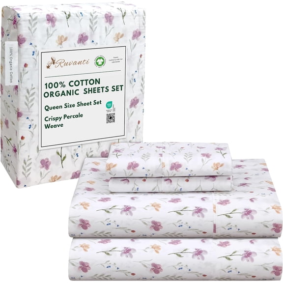 100% Organic Cotton Percale Sheets Queen Size Obsessed Stems Deep Pocket 15" Crisp Peach Finish