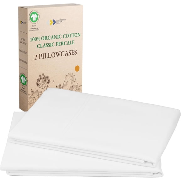 100% Organic Cotton Pillow Cases Queen/Standard Set of 2, Soft & Crisp Percale Weave Cotton Pillowcases (Bright White)