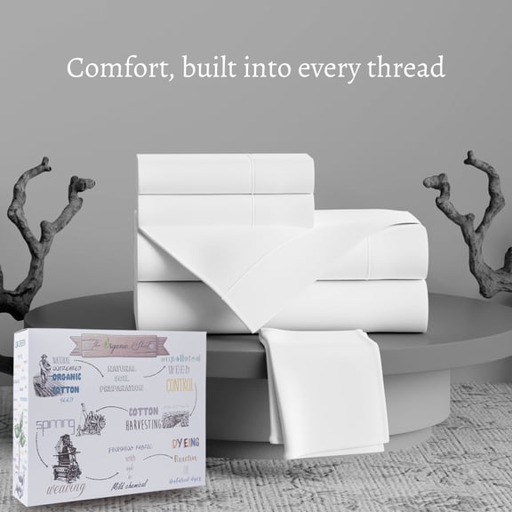 Purity Home 100% Organic Cotton Queen White Percale Bedsheet set, 300 Thread Count Breathable, Super Soft, & Cozy 4-Piece Set