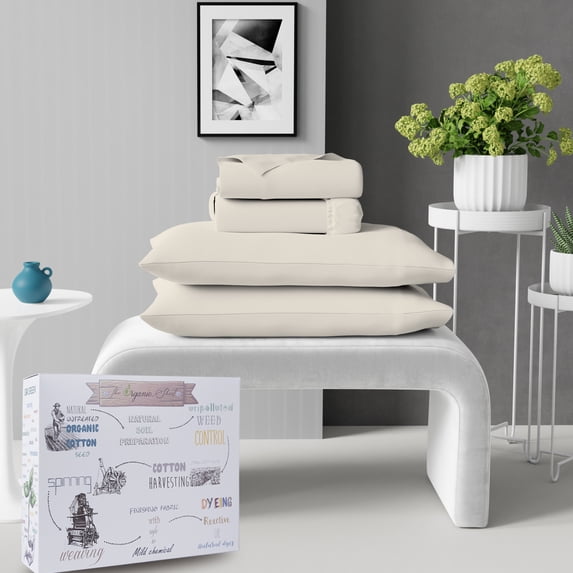 Purity Home 4-Piece 100% Organic Cotton Percale Bed Sheet Set, Cool & Crisp Bedding, Soft & Breathable, Lightweight, Eco-Friendly, Queen, Fresh Ivory