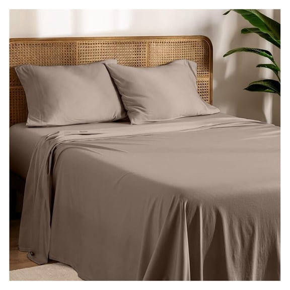100% Organic Cotton T-Shirt Fabric Sheet Set, Ultra Soft, 100% Cotton Jersey - Sheet Set & Pillowcases - Deep Pocket Bed Sheets (Split King, Taupe)