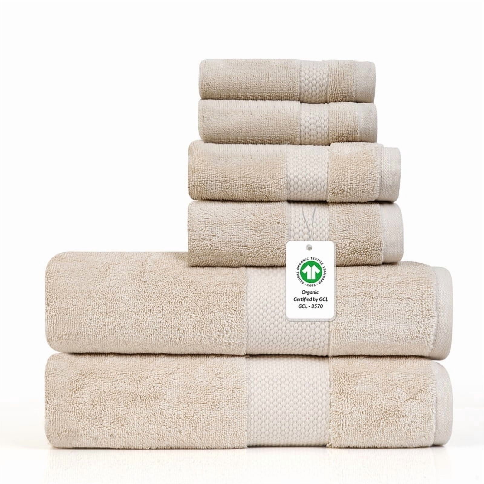 100% Organic Cotton Towel Set of 6 – GOTS & Oeko-TEX Certified – Soft, Ultra Absorbent, Quick Dry – Includes 2 Bath Towels, 2 Hand Towels, 2 Washcloths – Farm to Home by MicroCotton - Sand
