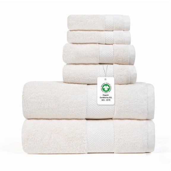 100% Organic Cotton Towel Set of 6  GOTS & Oeko-TEX Certified  Soft, Ultra Absorbent, Quick Dry  Includes 2 Bath Towels, 2 Hand Towels, 2 Washcloths  Farm to Home by MicroCotton - Pearl