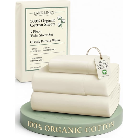 100% Organic Cotton Twin Bed Sheet Set, 3 Pc Size Sheets, Soft & Breathable Set Boys, Hotel Style Bedding Sheets Pillowcases, 15" Deep Fitted - Natural