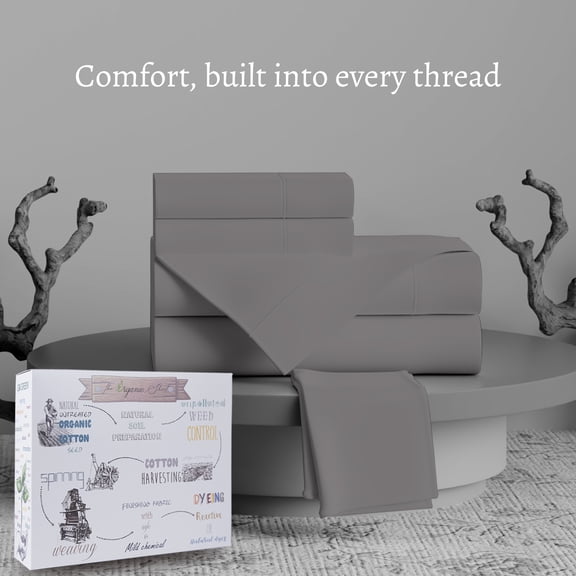 Purity Home 3-Piece 100% Brushed Organic Cotton Percale Bedsheet Set, 300 Thread Count Breathable, Super Soft & Cozy Bedding, Twin, Dark Gray