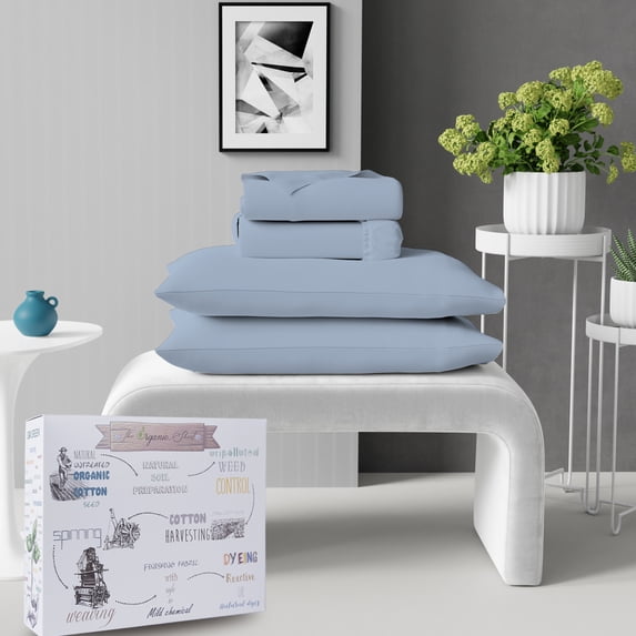 Purity Home 3-Piece 100% Organic Cotton Percale Bed Sheet Set, Cool & Crisp Bedding, Soft & Breathable, Lightweight, Eco-Friendly, Twin, Light Blue