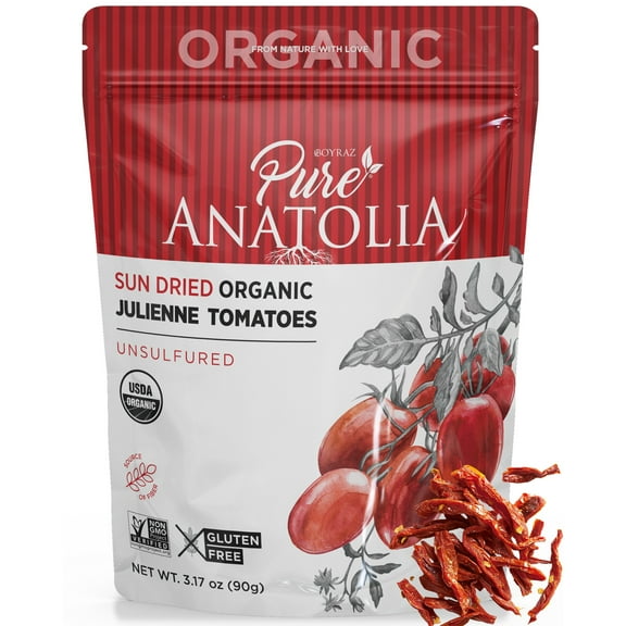 Pure Anatolia Organic Sun-Dried Tomatoes, Julienne Cut, USDA Organic, No Sugar Added, Dry Pack, for Salads, Pasta, Pizza & Mediterranean Recipes, 3.5 oz